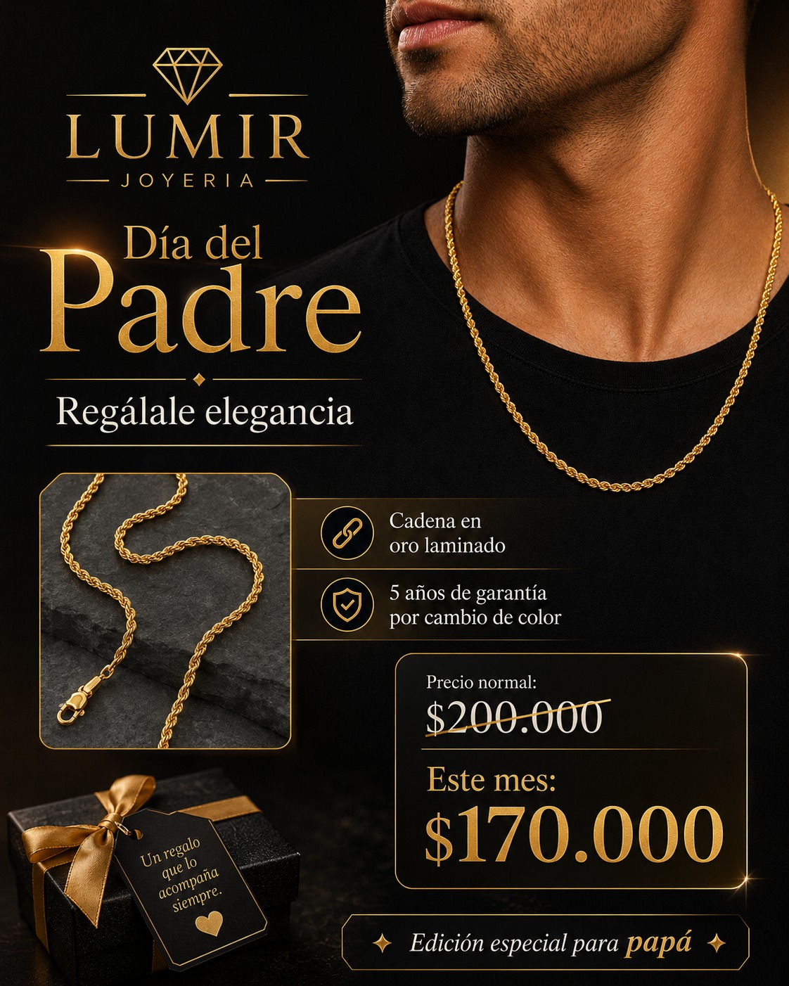 Promoción LUMIR Joyería Día del Padre: cadena en oro laminado por $170.000